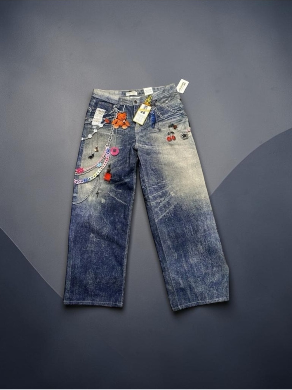 Celebrity Ace wide Leg Retro Artsy Style Embellished Blue Jeans